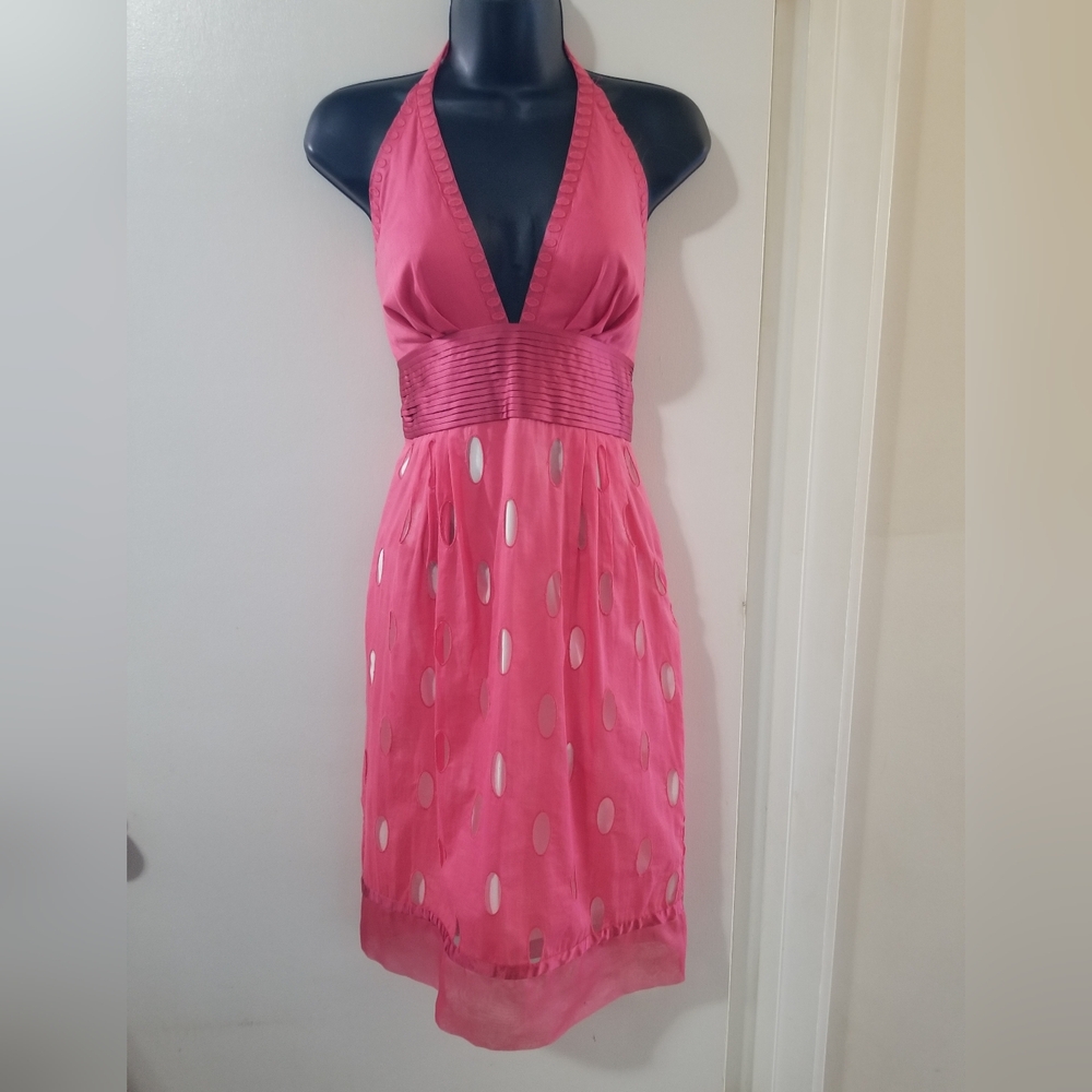 Catherine Malandrino Pink Halter Summer Dress Silk Trim Cutout Sz 4